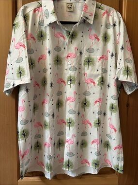 Hardaddy Casual Pink Flamingo Print Button-Down Shirt - White